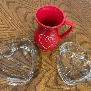 Red Heart Pitcher with Glass Heart Dishes